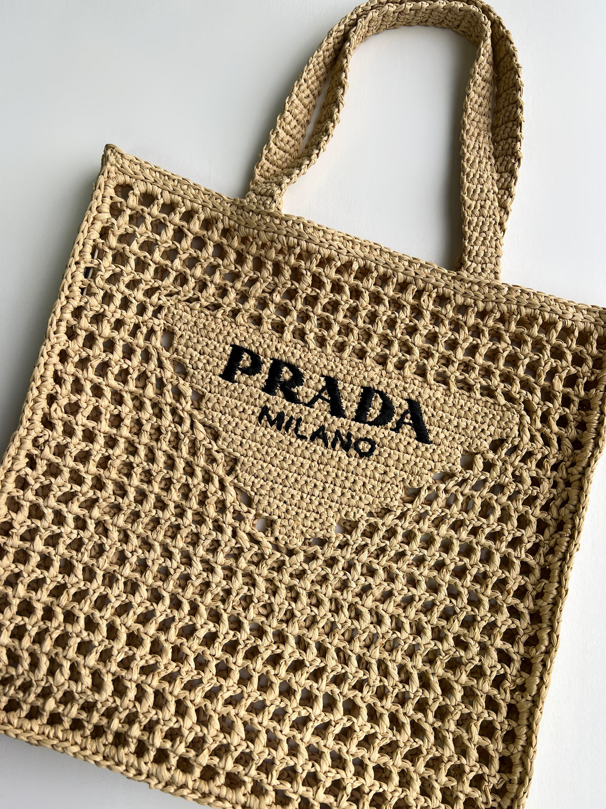 New] PRADA Yellow raffia triangle logo top handle tote bag
