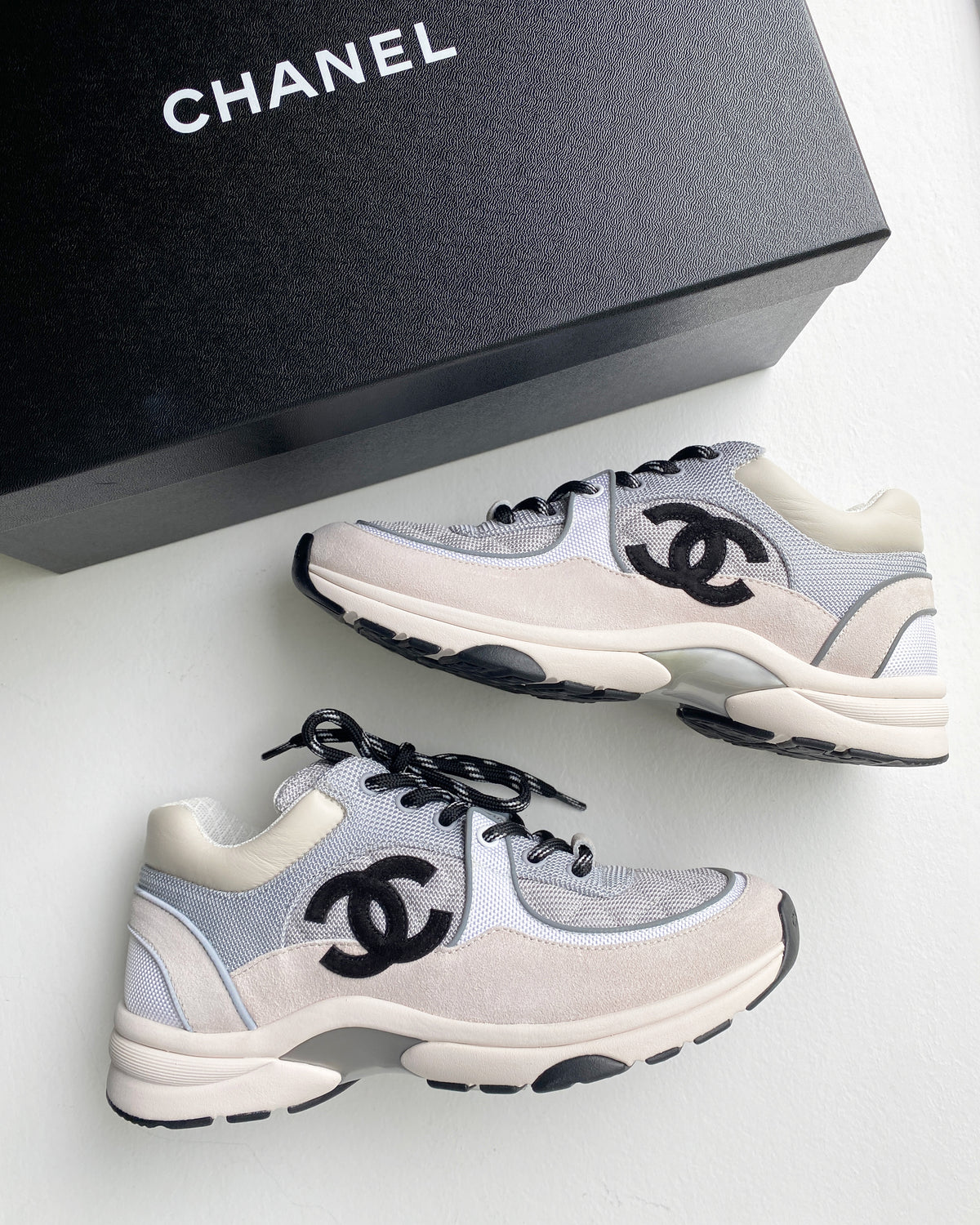 Chanel Gray White CC Logo High Top Sneakers