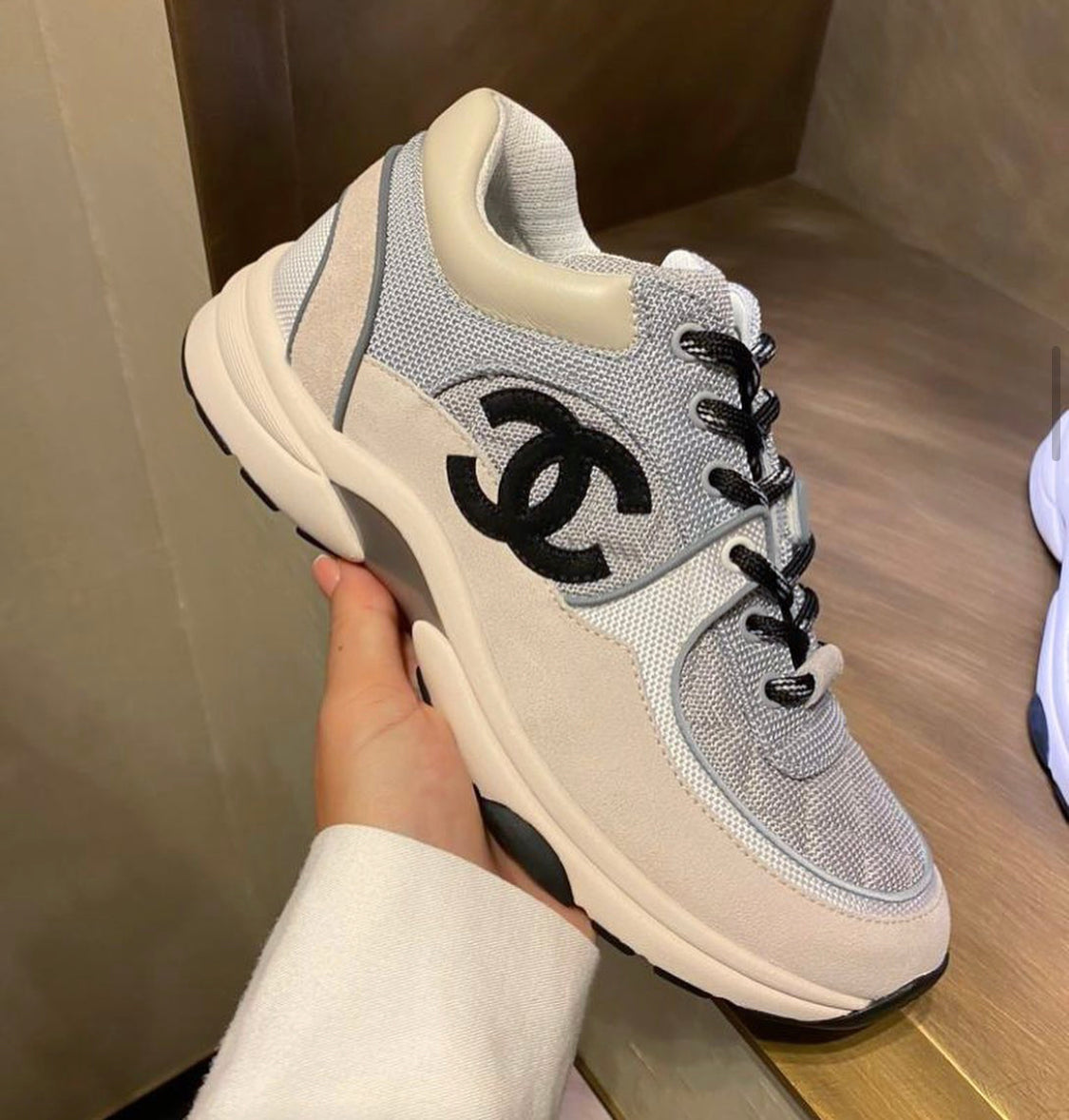 Chanel White, Grey, and Orange Sneakers in Calfskin and Fabric
